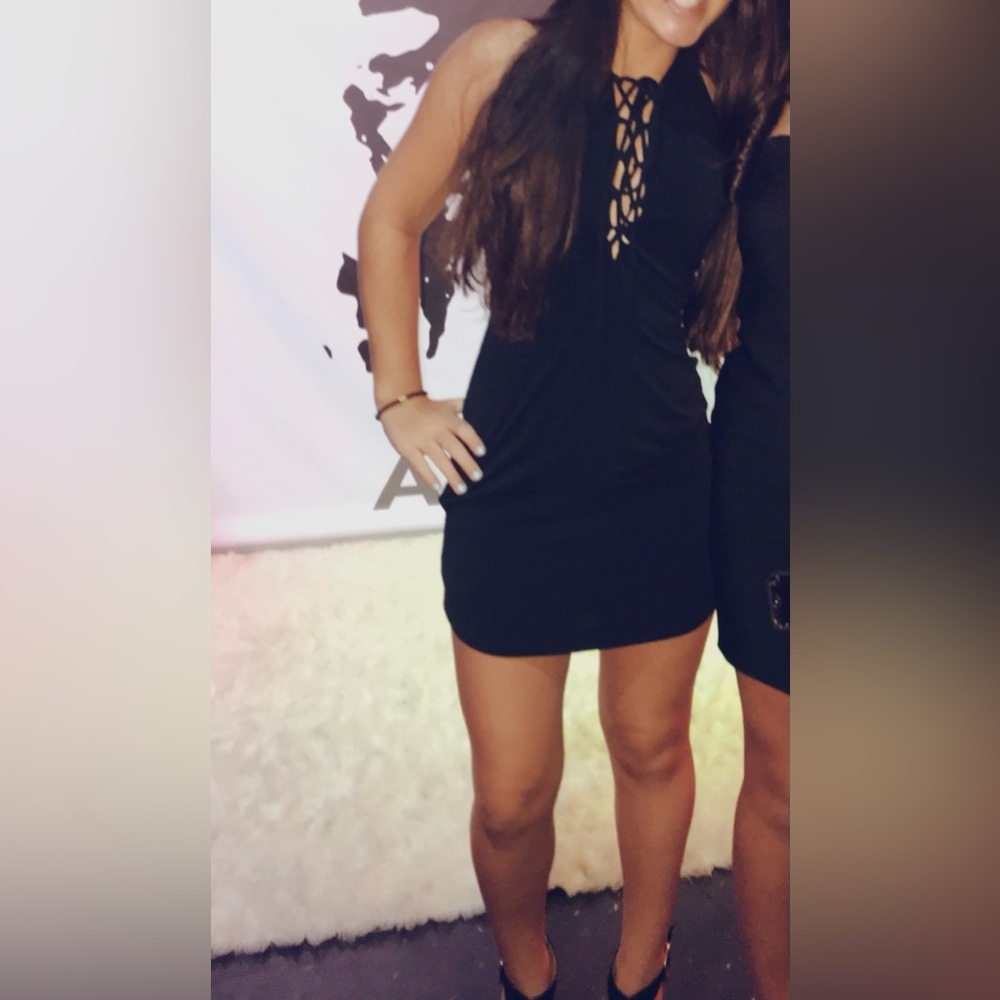 Black lace up dress, halter tie-top